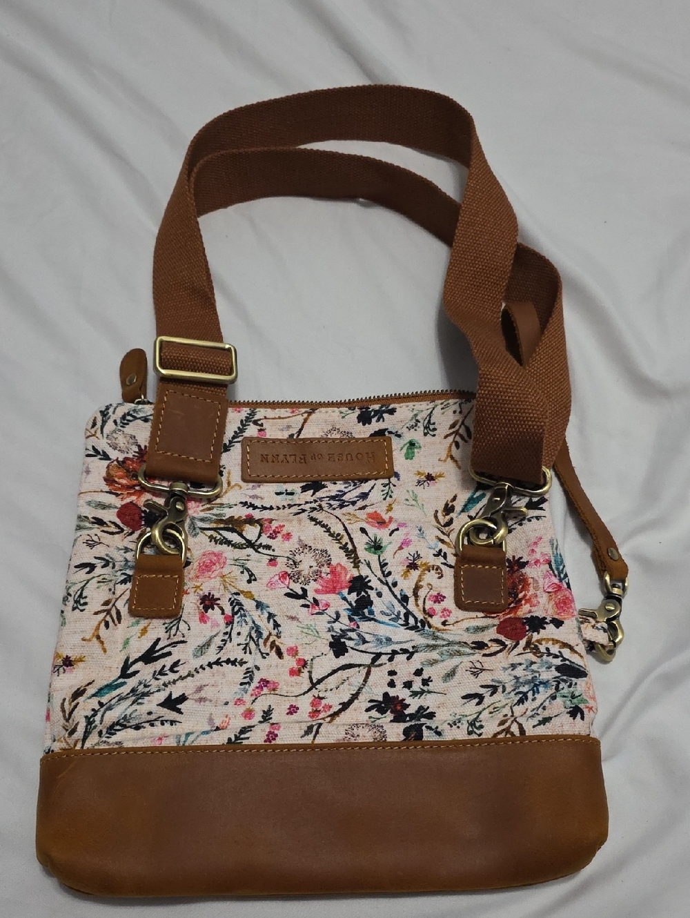 House Of Flynn Floral Canvas Crossbody Bag with Brown Leather Trim